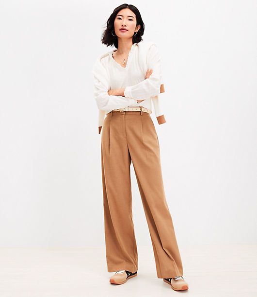 THE FEEL GOOD FIT: a true full-length wide leg that’s relaxed through the hip and thigh and features flattering pleats. WHERE TO WEAR : our fresh take on the trouser is your new statement-making work pant, party pant, brunch pant…wherever-pant.,Pants Details:Details: Front zip with hook and bar closure. Belt loops. Slash pockets. Back welt pockets.,Leg Shape:Leg Shape: Peyton Trouser - relaxed through the hip and thigh, with a flattering wide leg,Rise:Rise: Sits at natural waist, 12 7/8" rise,Imported:Imported,Fit:Fit: Perfectly polished for everyday - with sleek front pleats from the waist down,Length:Length: Full length, 31" inseam,Fabrication:65% Polyester 33% Rayon 2% Spandex,Garment Care:Machine Washable Loft Peyton Trouser Pants in Heathered Brushed Flannel Size 6 Desert Camel Heathe Fall Wide Leg Pants With Relaxed Fit, Neutral Pants For Business Casual In Fall, Business Casual Neutral Pants For Fall, Neutral Business Casual Pants For Fall, Neutral Fall Pants For Workwear, Neutral Pants For Fall Workwear, Brown Relaxed Fit Wide Leg Pants For Work, Brown Relaxed Fit Wide Leg Work Pants, Neutral Wide Leg Pants For Workwear In Fall