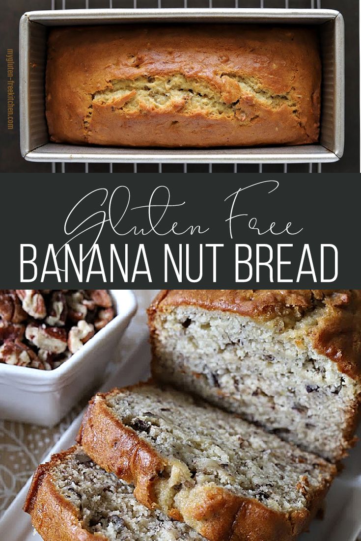 sliced banana nut bread in a loaf pan and on a plate with nuts next to it