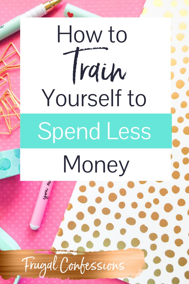 the words how to train yourself to spend less money on pink and gold polka dots