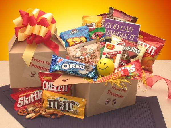 a gift box filled with snacks and candy