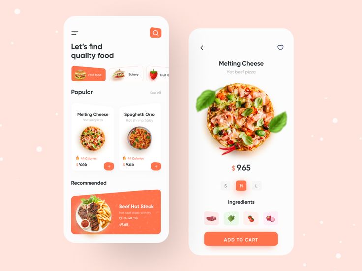 two mobile screens showing different food items on the same screen, one with an app for ordering