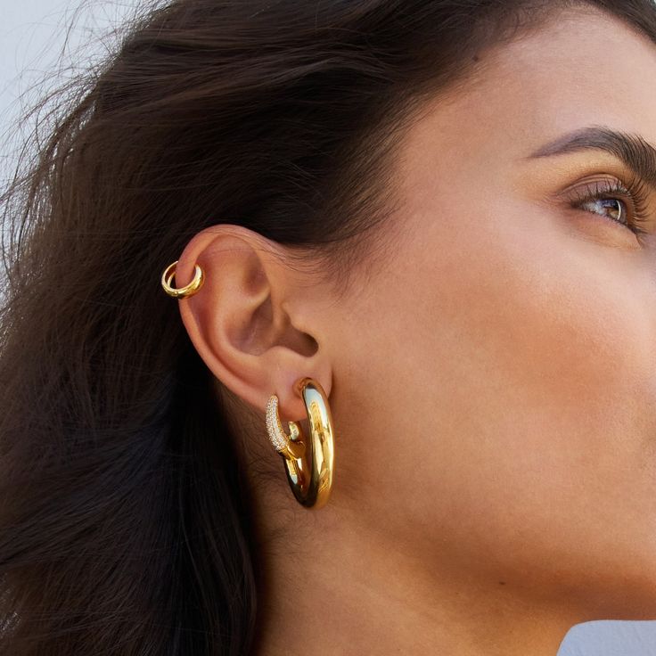 Tapered pavé dôme hoop earrings in 18k gold vermeil with cz stones. 18k gold vermeil (.925 sterling silver) 15mm diameter 4mm width 18mm length Gold Plated Ear Cuff, Gold Plated Huggie Ear Cuff, Everyday Luxury Gold Hoop Huggie Earrings, Everyday Gold Hoop Earrings With Plating, Gold-tone Gold Plated Pierced Huggie Earrings, Gold-tone Gold-plated Pierced Huggie Earrings, Gold Plated Ear Cuff With Ear Wire, Gold-tone Pierced Huggie Earrings, Gold Plated Ear Cuff For Everyday Wear