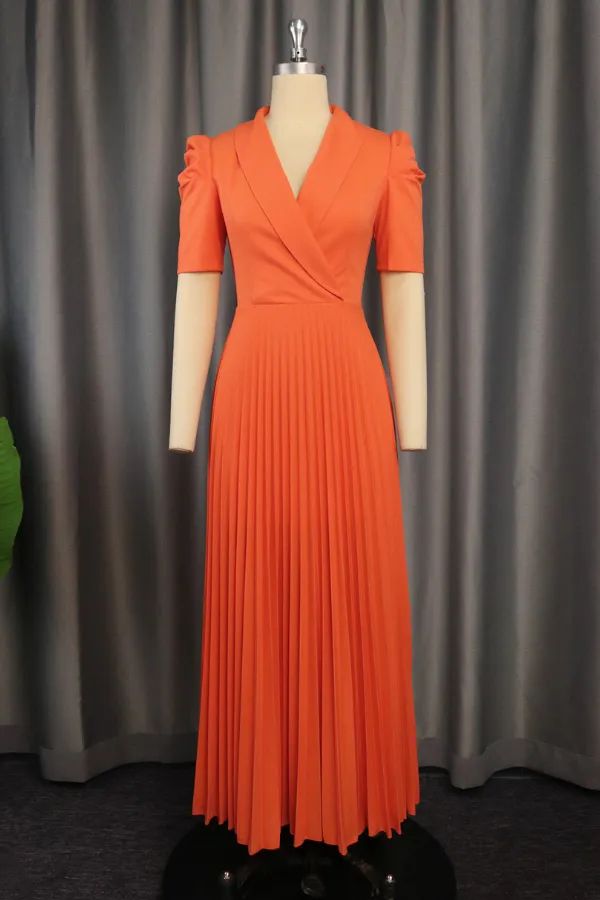 US$ 55.79 - Shawl Collar Puff Sleeve Pleated Dress - m.zicopop.com Dress Modest Classy, Orange Formal Dresses, Modest Classy, Pleated Dresses, Dress Modest, Collared Shirt Dress, Classy Wedding, Elegant Dresses Long, Turndown Collar