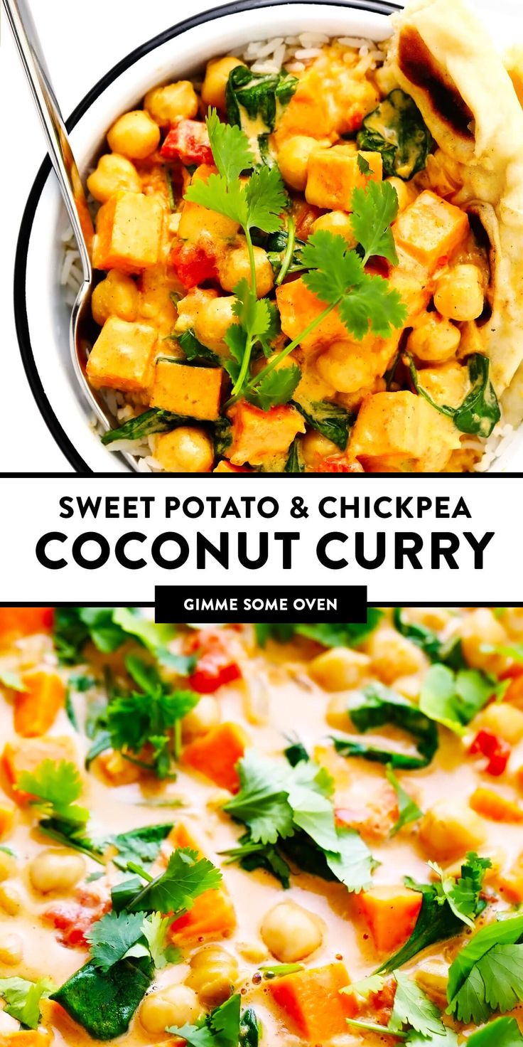 sweet potato and chickpea coconut curry in a white bowl with a spoon next to it