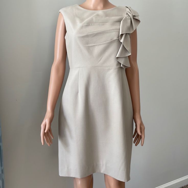 Never Worn Sleeveless Dress. Zip Back With Hook Closure And Vented Back. Size 12p. Smoke And Pet Free Home. Elegant Beige Sleeveless Dress With Ruffles, Fitted Sleeveless Beige Dress With Ruffles, Fitted Beige Sleeveless Dress With Ruffles, Beige Sleeveless Dress For Formal Occasions, Beige Sleeveless Formal Dress, Calvin Klein Sleeveless Lined Mini Dress, Calvin Klein Sleeveless Party Midi Dress, Sleeveless Calvin Klein Mini Dress For Formal Occasions, Calvin Klein Sleeveless Lined Midi Dress