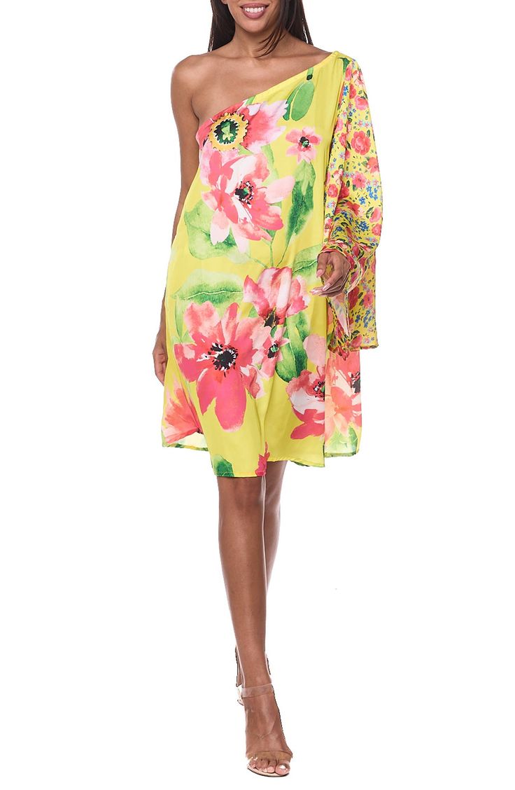 Strut from the resort to the pool in this vibrant one-shoulder cover-up dress that's sure to be added to your vacay packing list. Slips on over head One-shoulder neck Single long sleeve 100% polyester Hand wash, dry flat
 Imported Summer Beach Dress With One Shoulder And Asymmetrical Neckline, Summer One Shoulder Dress With Asymmetrical Neckline For Beach, Summer One-shoulder Dress With Asymmetrical Neckline For Beach, Summer One Shoulder Beachwear Dress, Summer Beachwear One-shoulder Dress, One Shoulder Beachwear Dress For Summer, One-shoulder Summer Beachwear Dress, One-shoulder Summer Beach Dress, One Shoulder Sleeveless Floral Dress For Beach