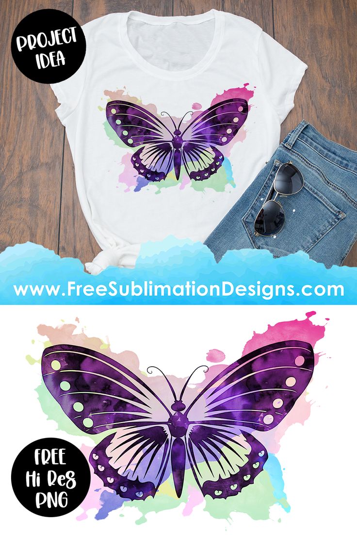 two different t - shirts with butterflies on them, one is white and the other is purple