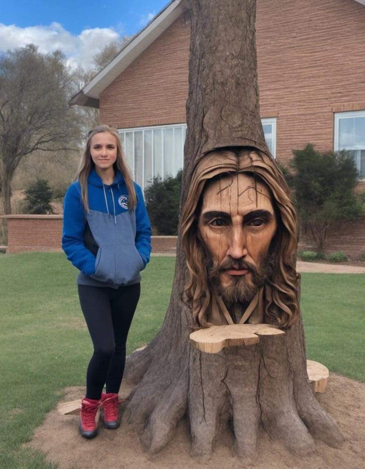 a woman standing next to a tree with a carved face on it