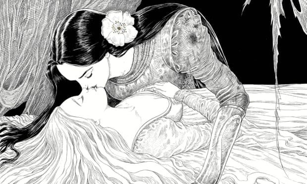 a black and white drawing of a woman laying on a bed with a flower in her hair