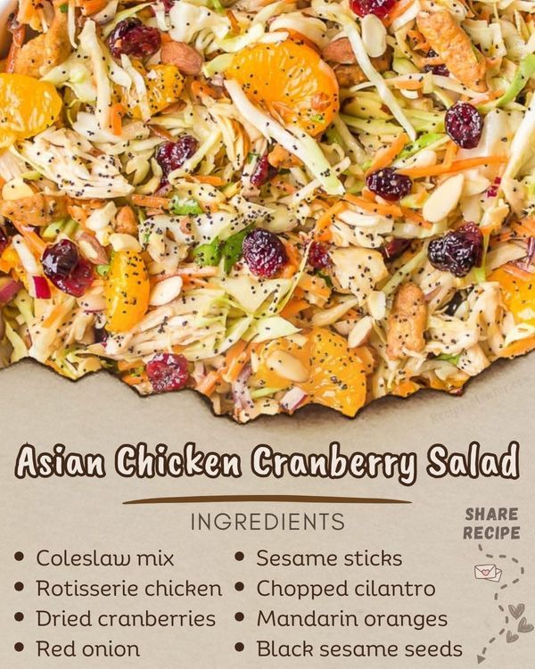 Chicken Cranberry Salad, Chicken Cranberry, Asian Chicken Salad, Sesame Sticks, Cranberry Salad, Recipe Step By Step, Asian Chicken, Summer Lunch, Coleslaw Mix