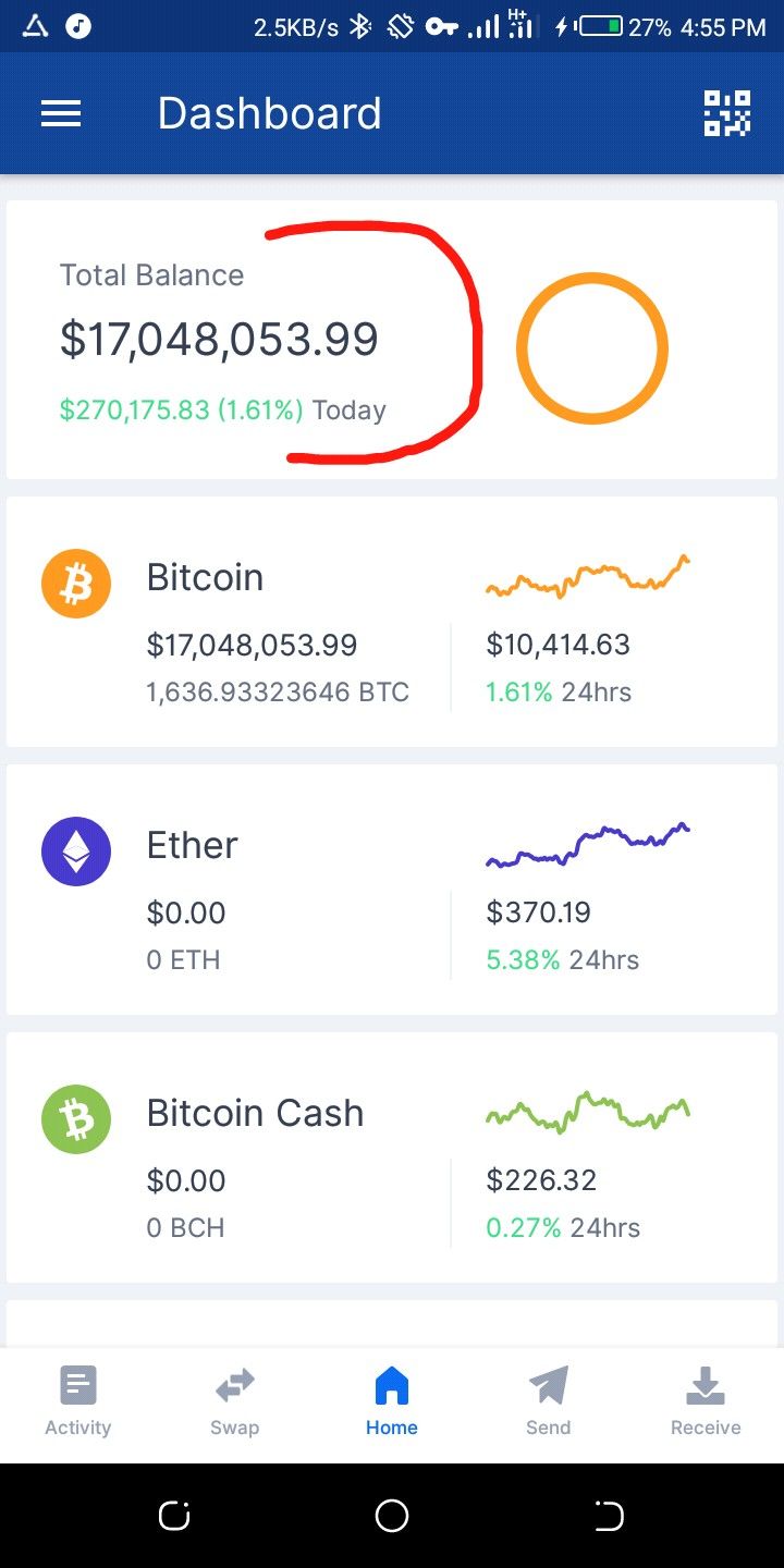 the dashboard screen shows different types of cash