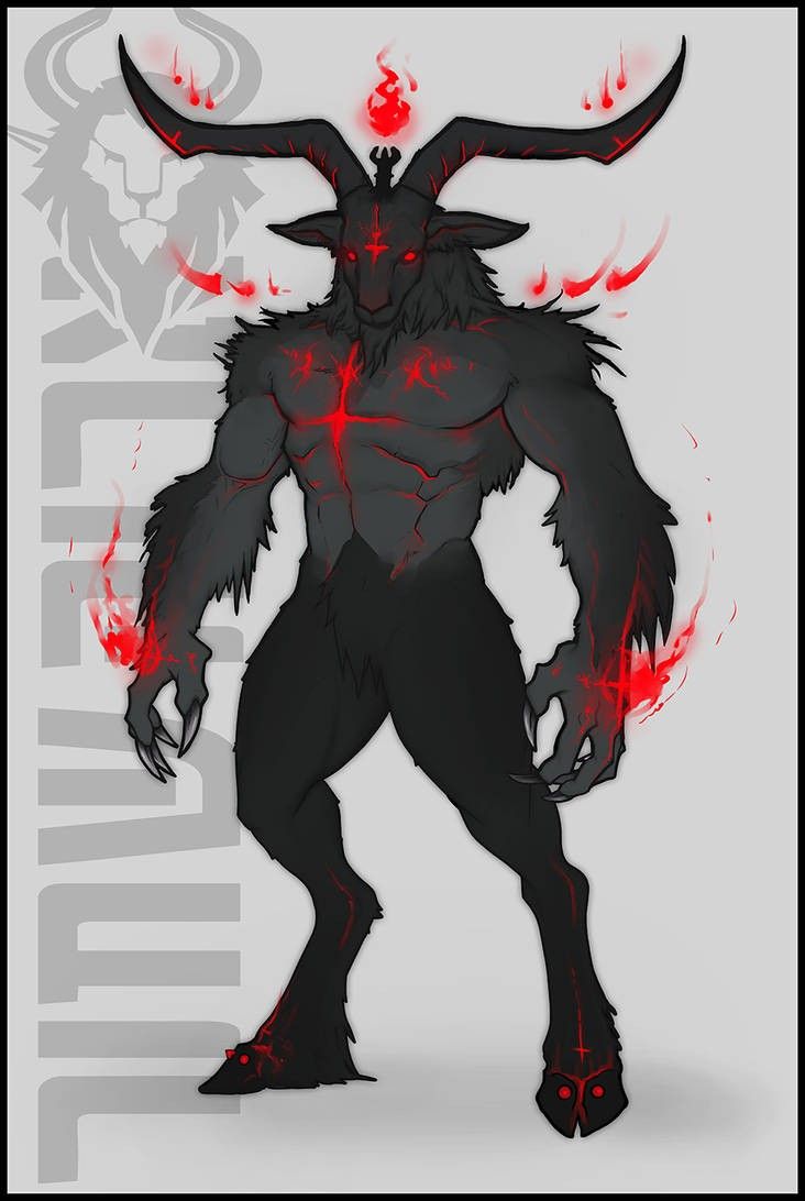 a drawing of a demon with red and black streaks on it's body, standing in