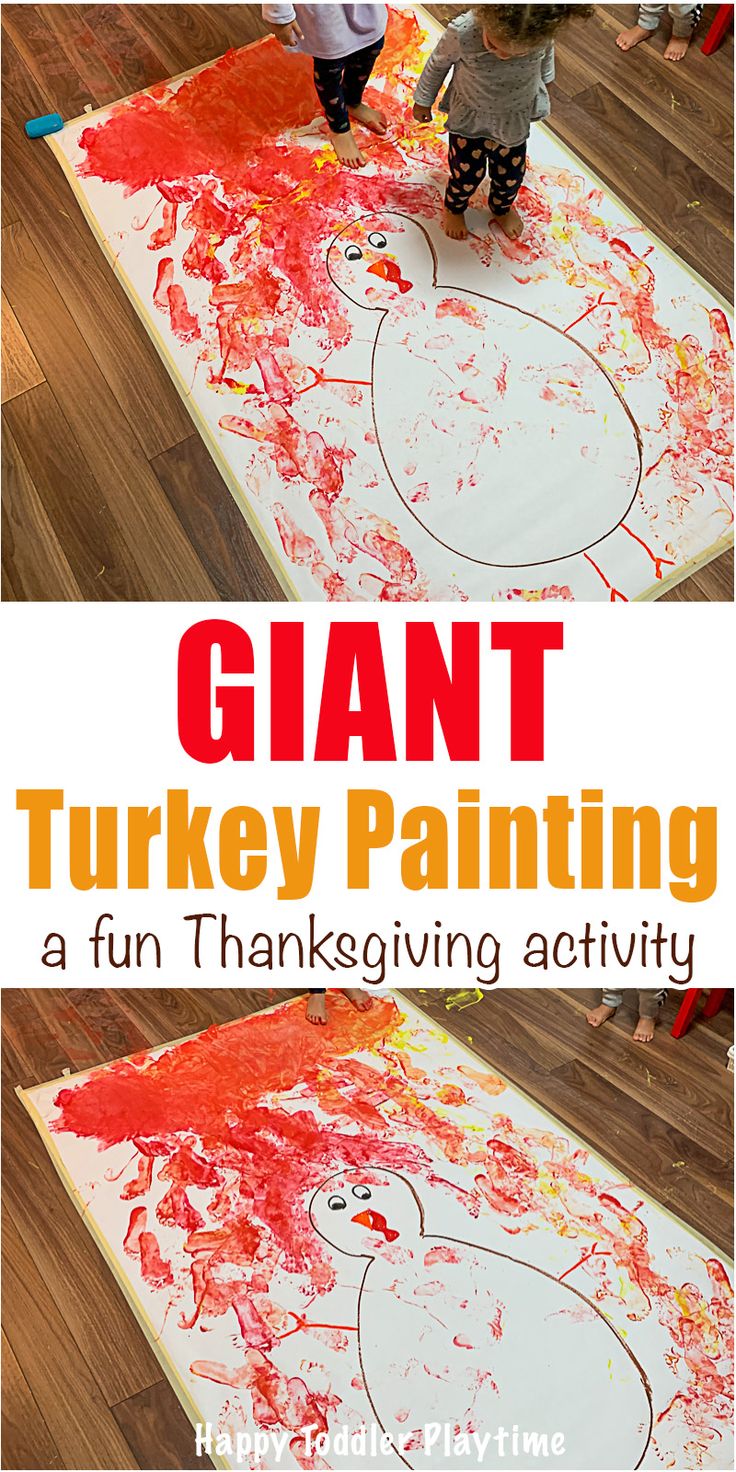 giant turkey painting on the floor with kids in background and text overlay that reads giant turkey painting a fun thanksgiving activity