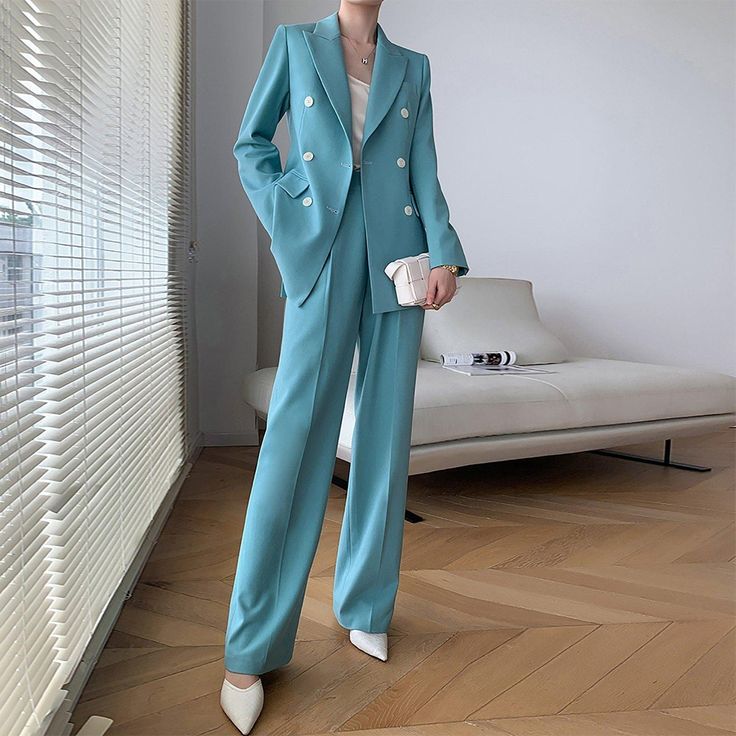 Double Breasted Blazer & Pants Two-Piece Set Vivian Seven Wedding Guest Pantsuit Women, Dressy Clothes, Women Suits Wedding, Womens Fashions, Elegant Clothing, Clothing Studio, Women Suits, Pant Suits, Pantsuits For Women