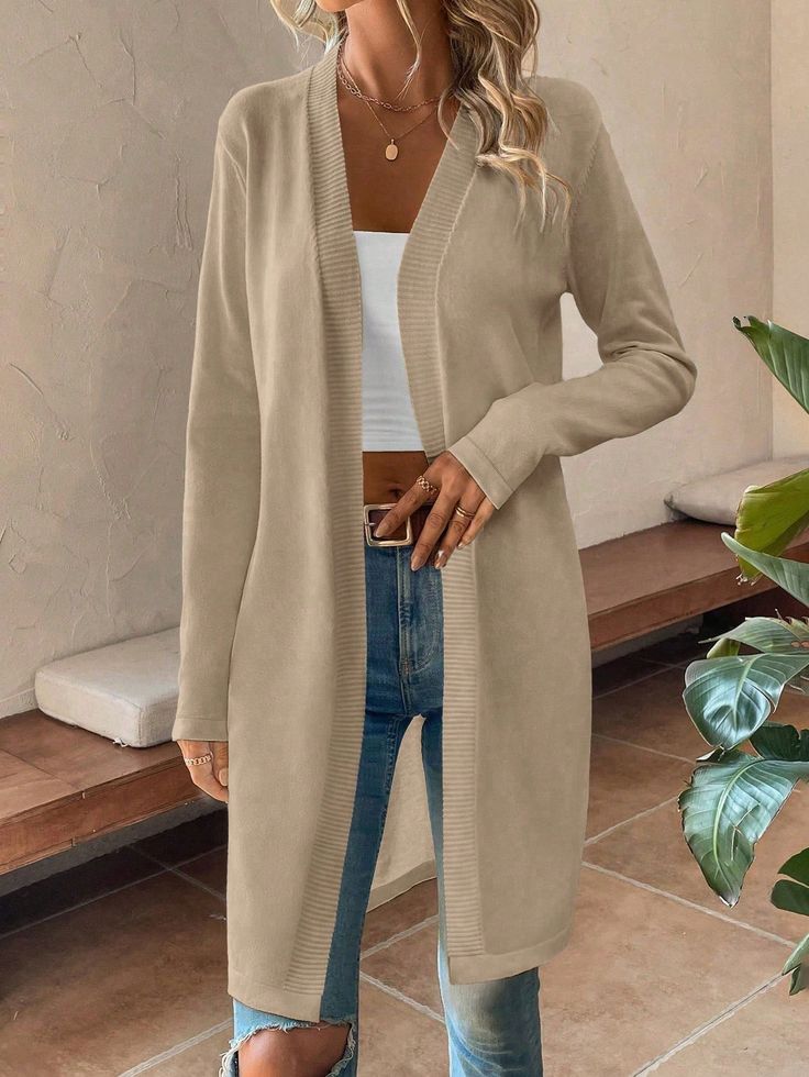 Solid Color Knitted Long Sleeve Elegant Cardigan Mocha Brown Casual  Long Sleeve Knitwear Plain  Slight Stretch  Women Clothing, size features are:Bust: ,Length: ,Sleeve Length: Casual Cardigans, Lightweight Cardigan, Long Cardigan, Knitwear Women, Mocha, Cardigans For Women, All Fashion, Latest Trends, Knitwear