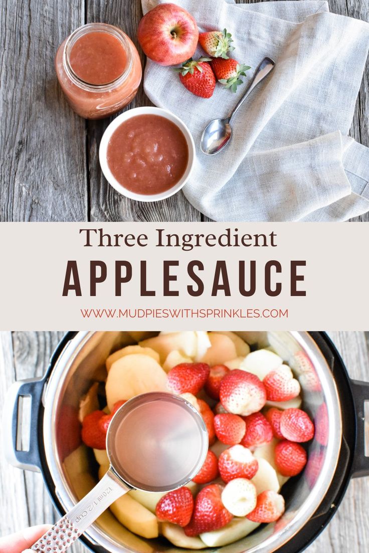 applesauce in an instant pot with strawberries, bananas and other fruit on the side