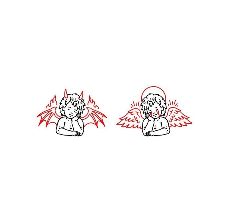 two red and white stickers with an angel on it's head, one in front of the other