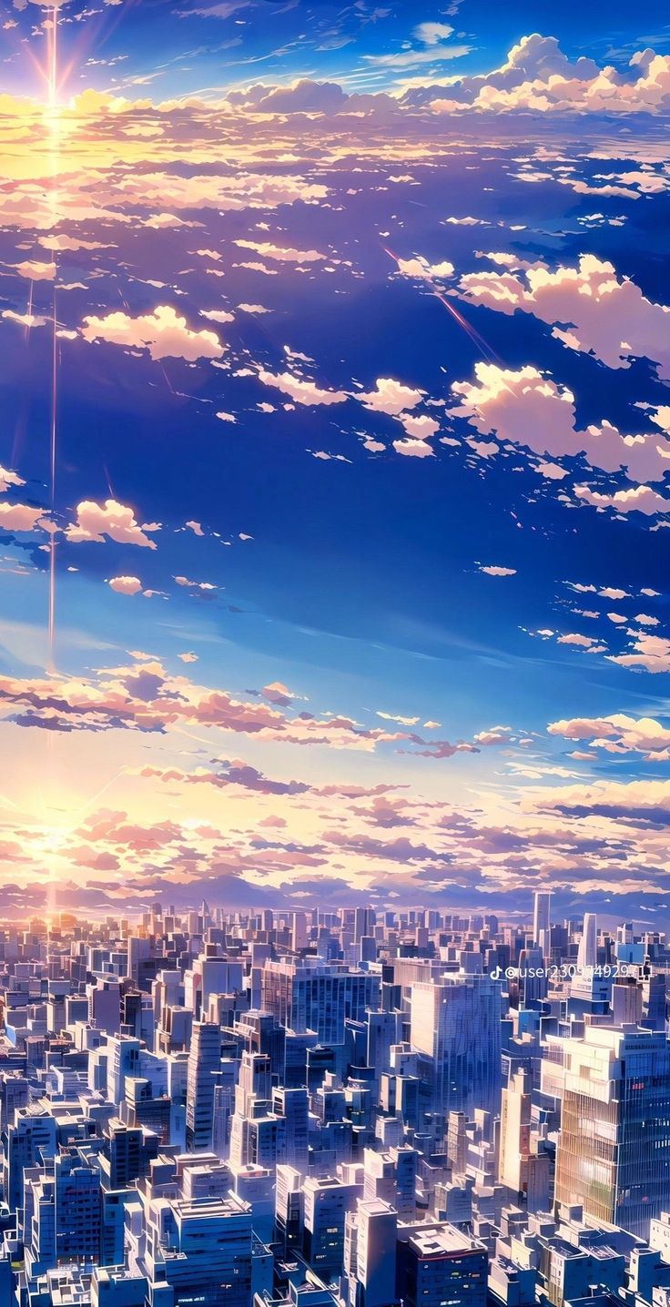 the sun is shining brightly in the sky over a city with tall buildings and skyscrapers