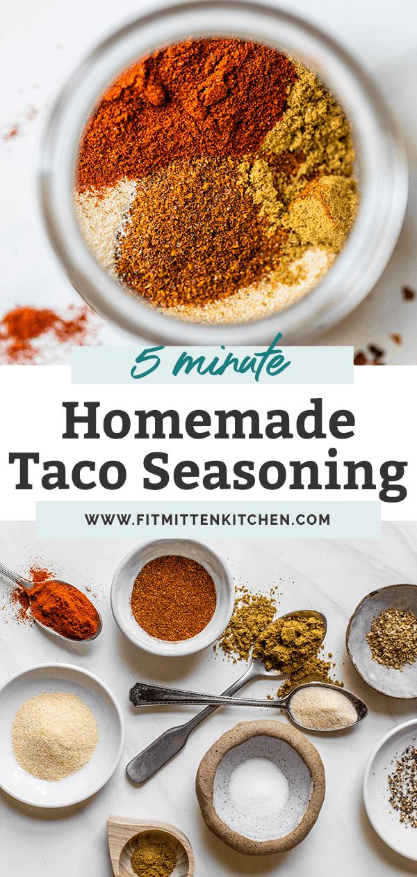 the ingredients for homemade taco seasoning in bowls and spoons on a white surface