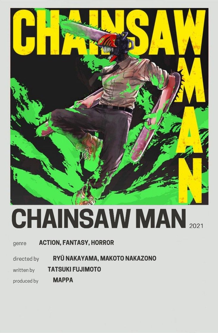 the poster for chainsaw man is shown in green and yellow colors, with an image of a skateboarder doing a trick