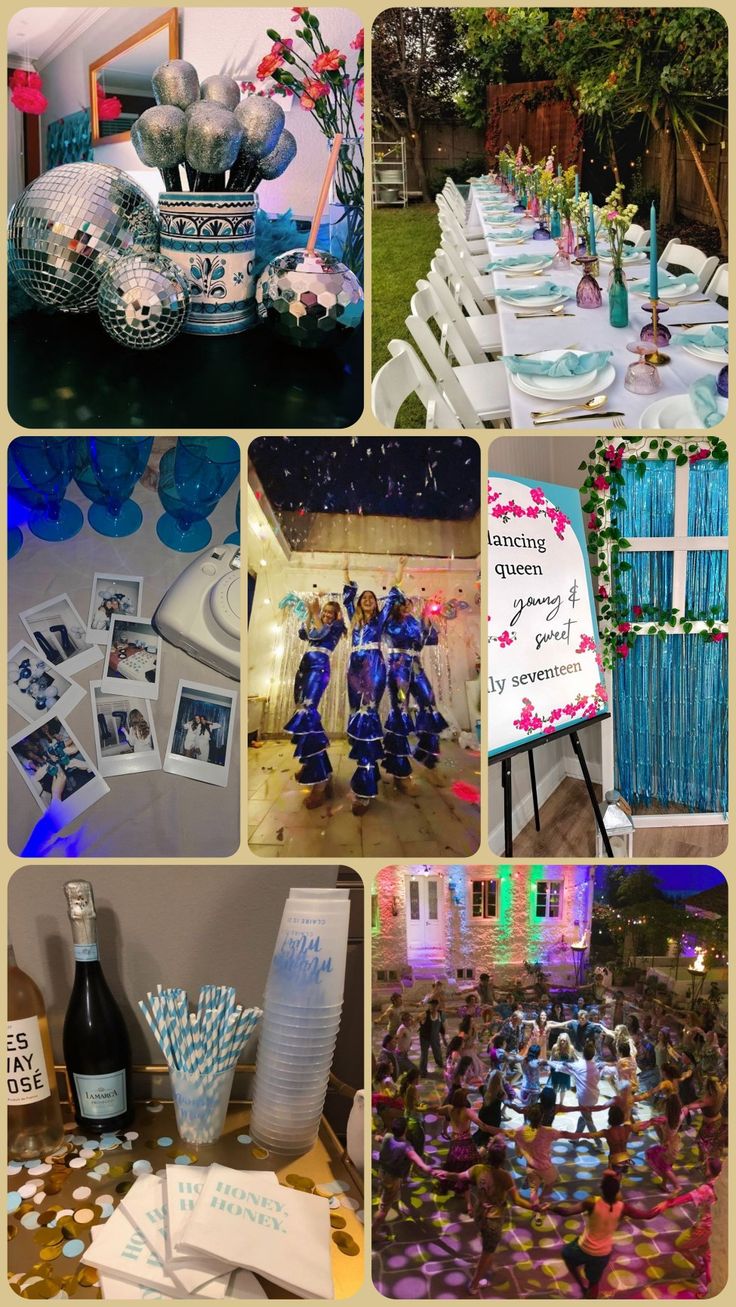 a collage of photos with people dressed in blue and white at an outdoor event