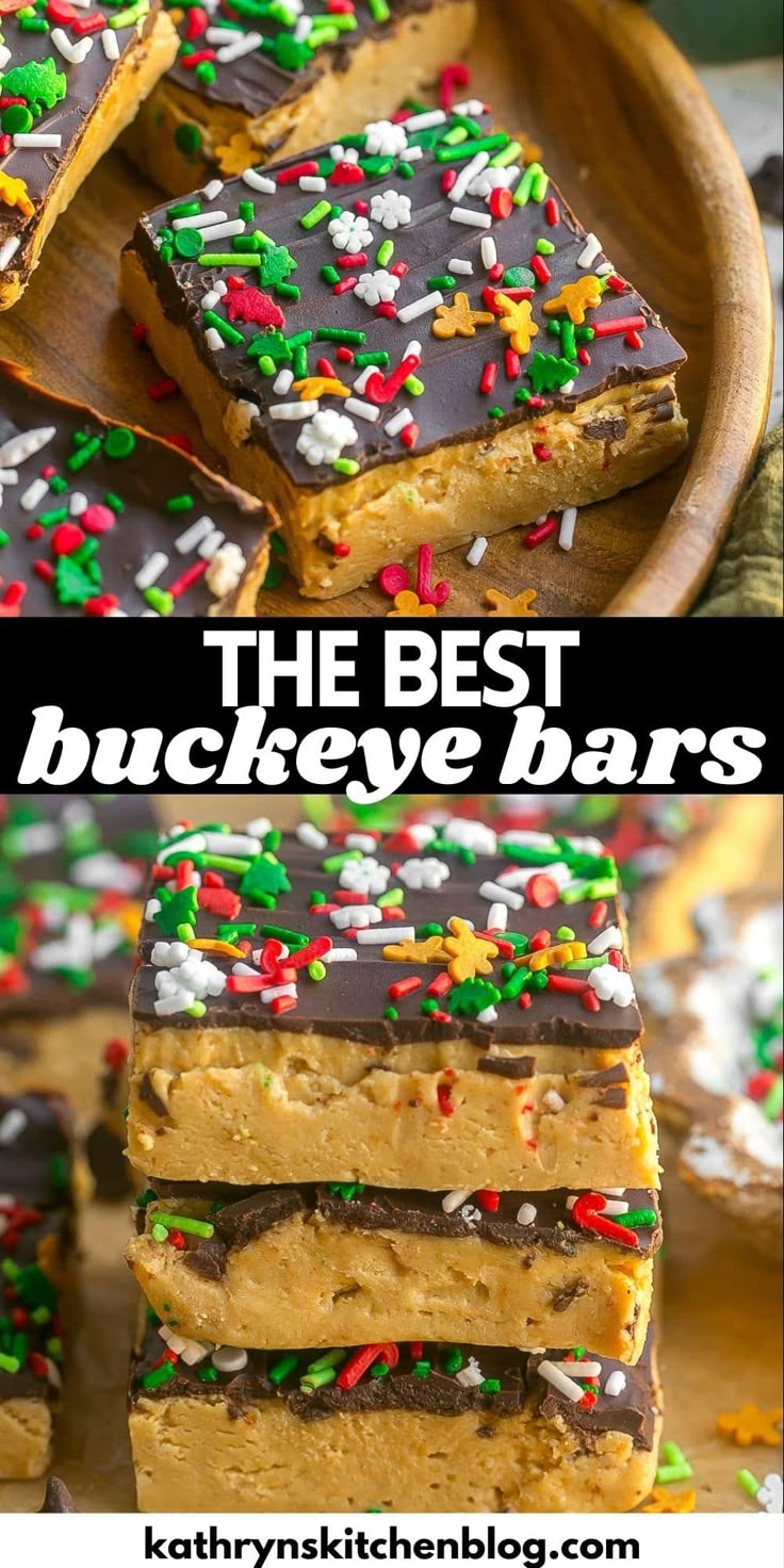 the best buckeye bars are made with peanut butter, chocolate and sprinkles