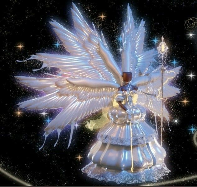 an angel statue in the middle of a night sky with stars and moon lights around it