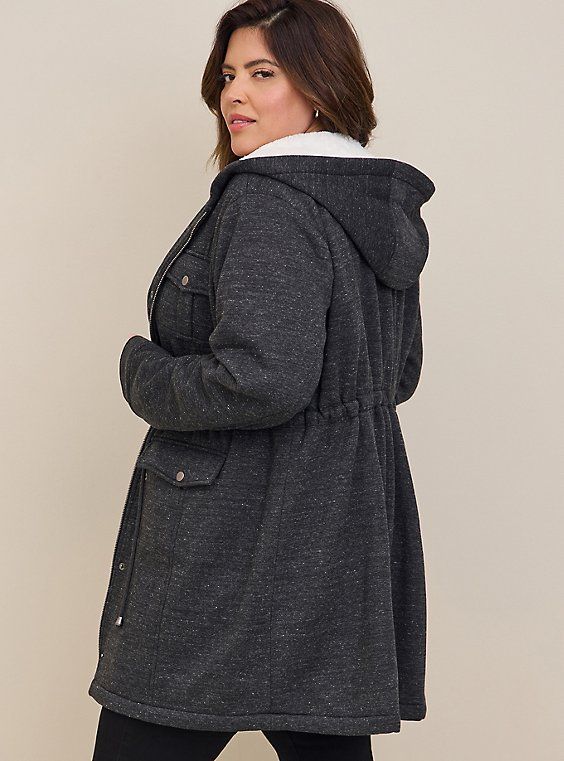 FIT Model is 5'10” wearing size 1. . Measures 36” from shoulder (size 2). MATERIALS + CARE Cotton woven fabric and sherpa knit fabric. . 65% polyester, 35% cotton. . Sherpa knit fabric: An ultra-cozy double faced Sherpa knit that's soft, fluffy and retains body heat to keep you comfy and warm while you're on the go. . Machine wash cold. Tumble dry low. Imported. DETAILS Hooded neckline. . Long sleeves. The best plus size women's fleece sherpa lined anorak anoraks in black heather made of sherpa. Gray Outerwear With Drawstring Hood For Cold Weather, Fleece Outerwear With Drawstring Hood For Fall, Fall Fleece Outerwear With Drawstring Hood, Gray Fleece Outerwear With Double-lined Hood, Gray Fleece Outerwear For Fall, Gray Cozy Fit Outerwear For Cold Weather, Cozy Fit Gray Outerwear For Cold Weather, Gray Outerwear For Cold Weather, Cozy Sherpa Outerwear With Double-lined Hood