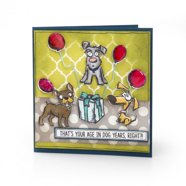 a card with dogs and balloons on it