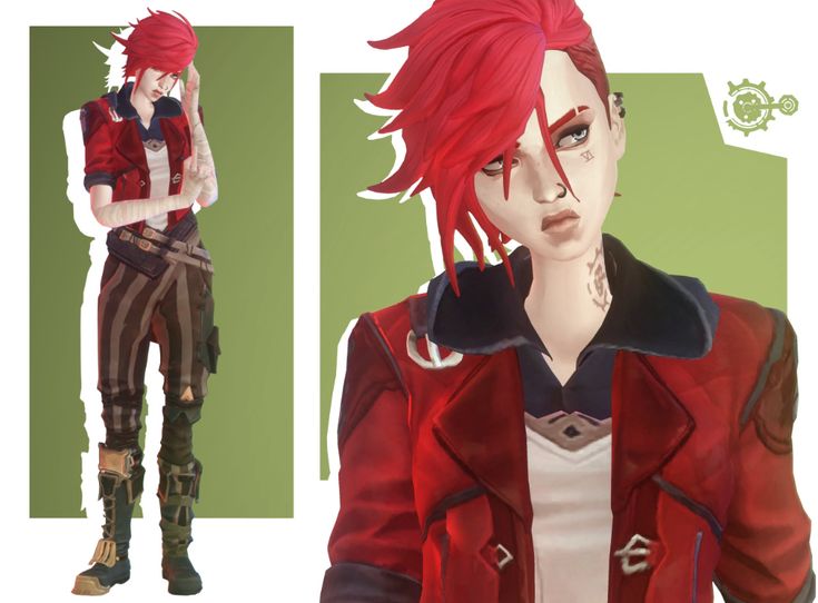 an animated image of a person with red hair wearing a red jacket and white shirt