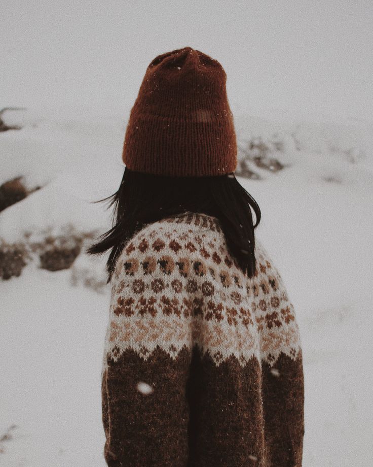 a person standing in the snow with their back to the camera, wearing a brown and white sweater