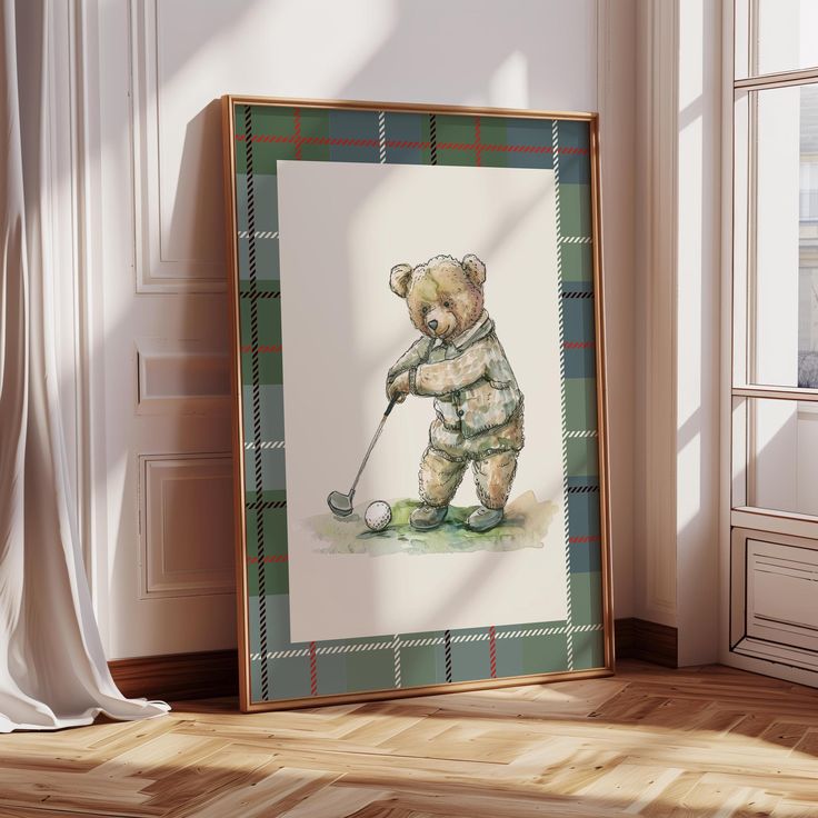 a painting of a teddy bear holding a golf club in front of a white wall