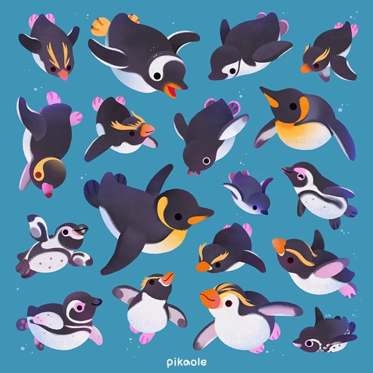 a bunch of penguins that are flying in the air together, with one penguin looking at the camera