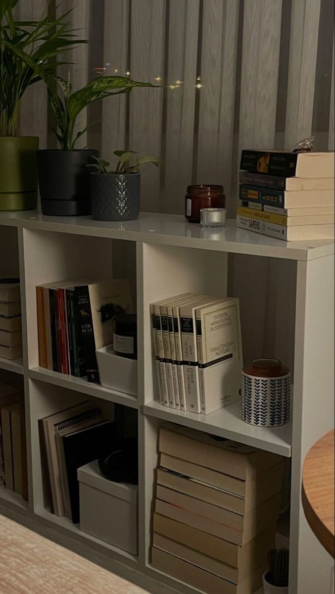 a bookshelf filled with lots of books next to a plant on top of a table