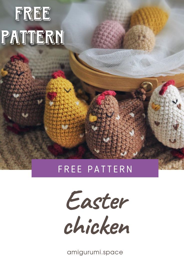 crocheted chicken ornaments with text overlay that reads free pattern for an easter chick