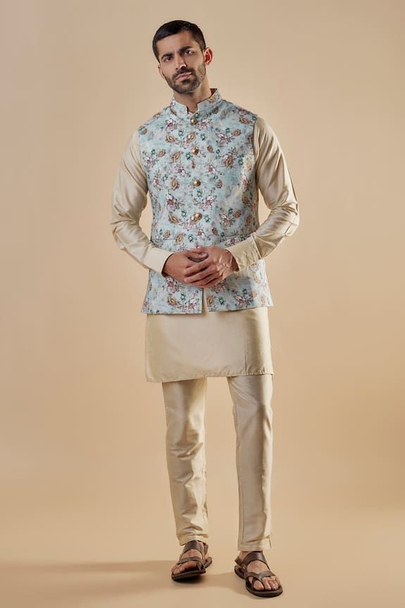 Light blue cotton silk bundi jacket with floral print. Comes with beige pant and a kurta. - Aza Fashions Unstitched Cotton Nehru Jacket For Spring, Spring Festive Cotton Bandhgala, Spring Wedding Cotton Sherwani, Cotton Nehru Jacket For Spring Wedding, Designer Sherwani For Spring, Fitted Bandhgala Straight Kurta For Spring, Cotton Bandhgala For Spring Wedding, Spring Festive Cotton Nehru Jacket, Spring Festive Cotton Silk Sherwani