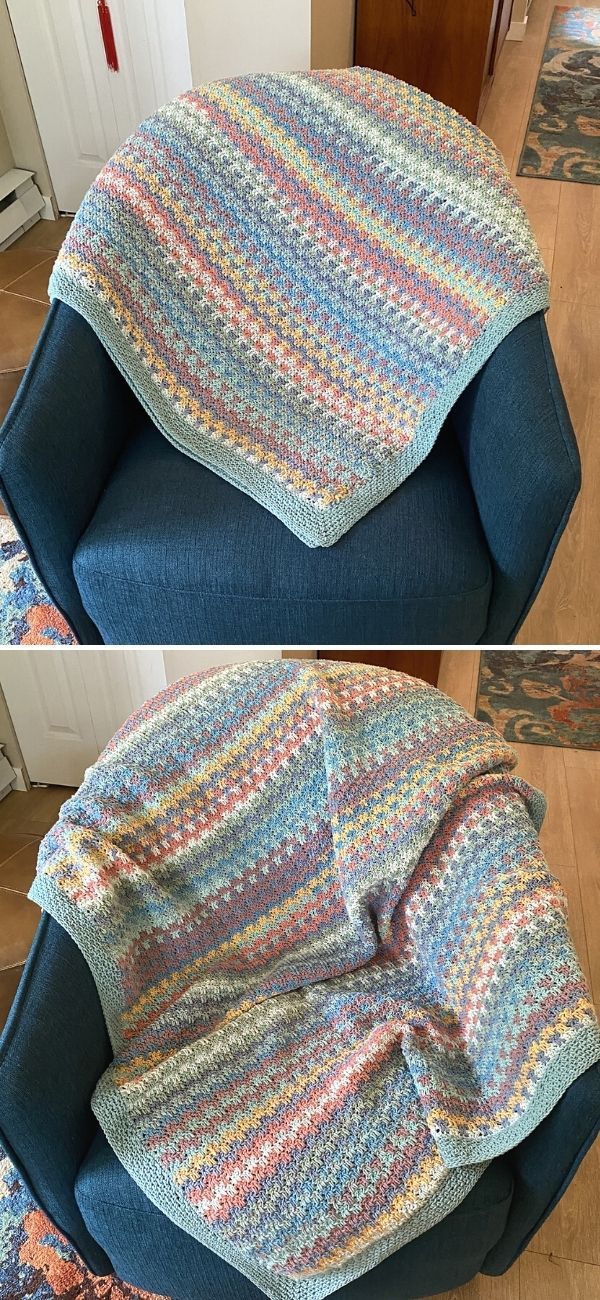 two pictures of a blue chair with a blanket on it and the same one in different colors