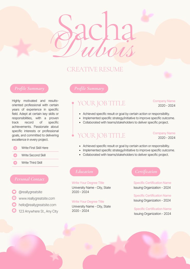 a pink and white resume with clouds in the background