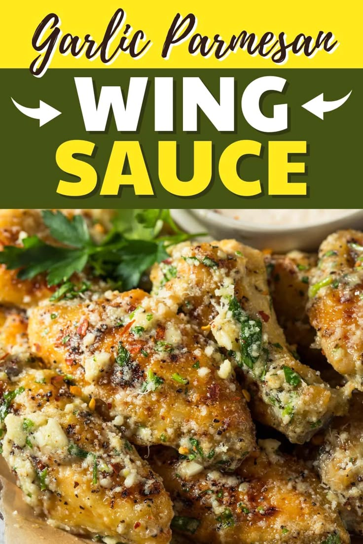 garlic parmesan wing sauce on a plate with the title above it and an image of