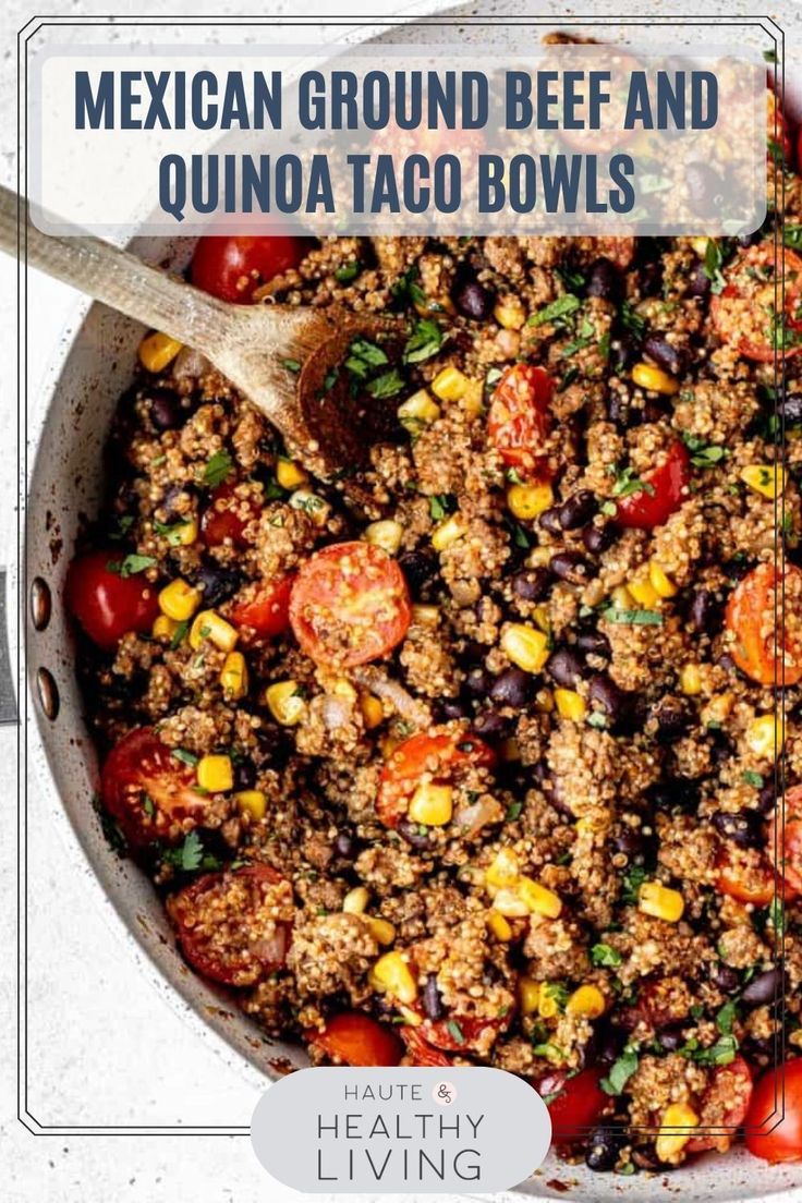 mexican ground beef and quinoa taco bowls in a skillet with a wooden spoon