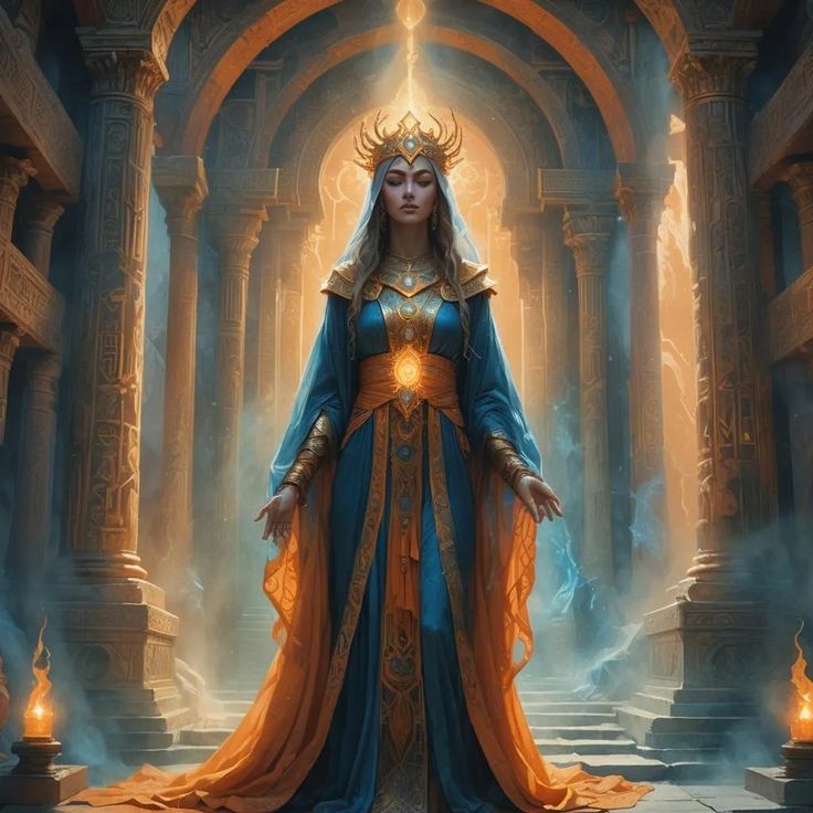 a woman dressed in blue and gold standing in front of an arch with candles on it