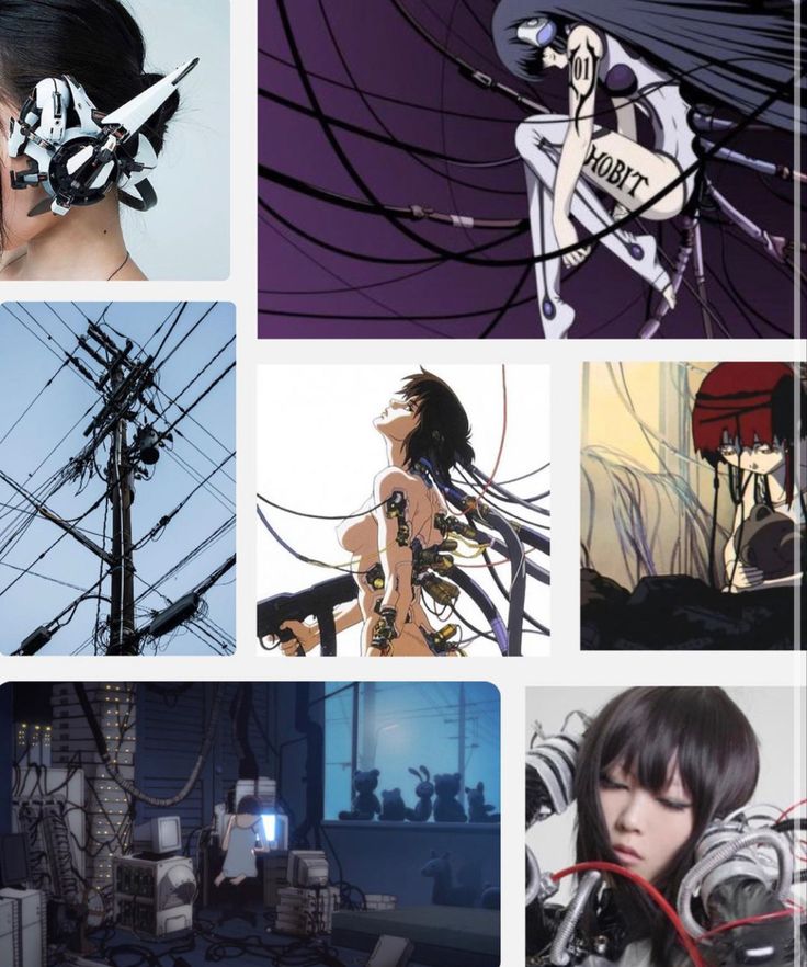 four different pictures with anime characters and wires in the middle one has an earpiece on her head