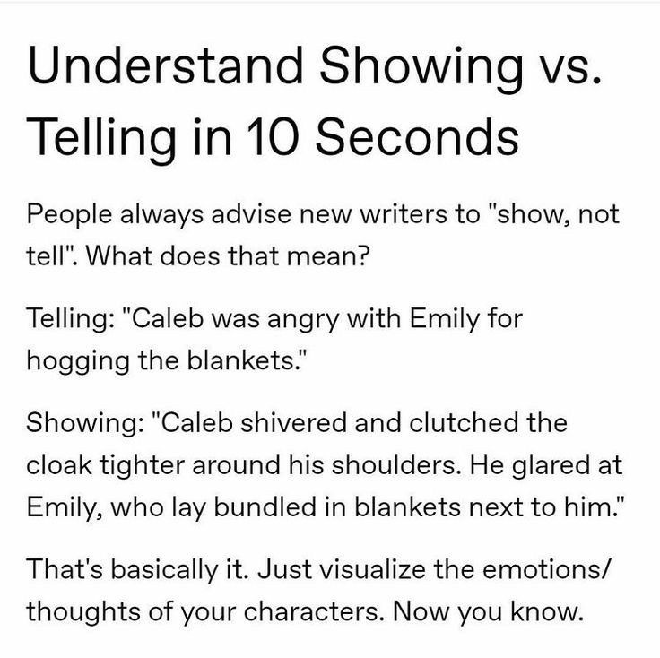 an advertisement with the words,'understand showing vs telling in 10 seconds? people always advise new writes to show not tell what does that mean