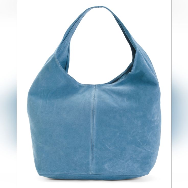 Claudia Made In Italy Suede Slouchy Hobo Bag Blue Double Handle Bucket Bag For Errands, Blue Hobo Bag With Double Handle For Daily Use, Blue Satchel Bucket Bag For Errands, Daily Use Blue Hobo Bag With Double Handle, Blue Double Handle Hobo Bag For Daily Use, Blue Large Capacity Hobo Bag For Shopping, Blue Double Handle Hobo Bag For Errands, Blue Shoulder Bucket Bag For Errands, Blue Rectangular Hobo Bag With Large Capacity