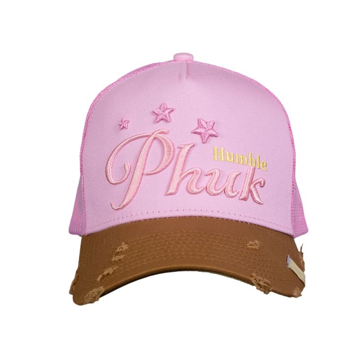 PHUK HUMBLE UNISEX TRUCKER HAT. DISTRESSED BRIM AND EMBROIDERED FRONT ART. WOVEN TAG AT BRIM + ADJUSTABLE BACK. Fabric: 100% Cotton / Mesh: 100% Nylon TAC350-049-001 Pink Embroidered Snapback Baseball Cap, Pink Snapback Hat For Spring Streetwear, Pink Snapback Hat For Streetwear With Flat Brim, Pink Hat With Embroidered Logo For Streetwear, Pink Streetwear Hats With Embroidered Logo, Pink Embroidered Logo Hat For Streetwear, Trendy Brimmed Hat With Embroidered Logo, Pink Flat Brim Trucker Hat For Streetwear, Adjustable Brimmed Snapback Hat For Streetwear