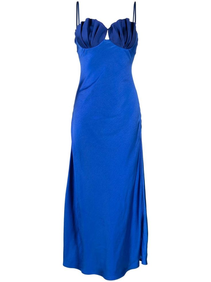 Sleeveless Satin Midi Dress With Ruched Back, Satin Midi Dress With Ruched Back, Satin Midi Dress With Lined Bodice, Satin Midi Dress With Ruched Sweetheart Neckline, Blue Midi Dress With Pleated Fitted Bodice, Blue Midi Dress With Ruched Bodice For Evening, Satin Midi Dress With Ruched Back For Evening, Formal Satin Midi Dress With Ruched Back, Ruched Back Midi Dress For Prom