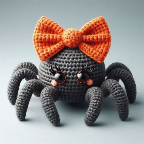 a crocheted spider with an orange bow on it's head and eyes