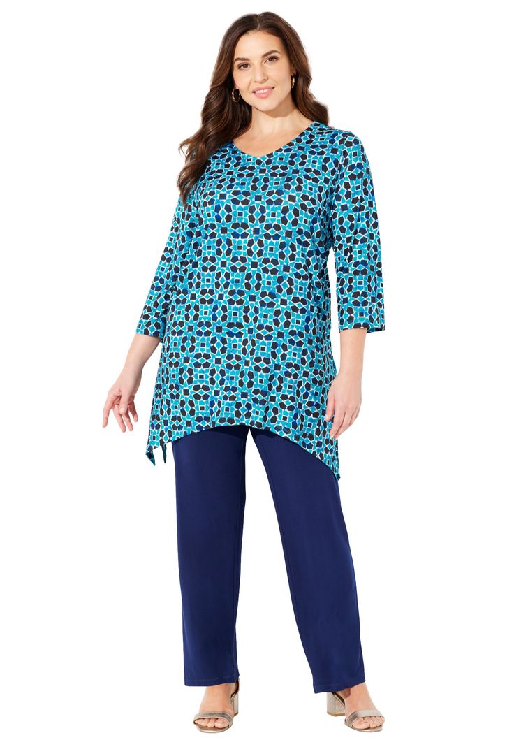 Add a little wow to your AnyWear wardrobe with this fluid V-neck tunic with flattering two-point hem and dramatic side slits. FABRIC: Soft, smooth and stretchy for the comfort and ease you love. Falls beautifully from neckline to hemline with hardly a wrinkle. FIT: Relaxed and feminine tunic with an easy drape. V-neckline, 3/4 sleeves and slimming two-point hem with side slits. 95% Polyester, 5% SpandexMachine WashImported Plus Size Top31"-35" high-low lengthPlus Sizes 0X–6XCatherines | Pl Woman Within, Swimsuits For All, Plus Size Top, Tunic Sweater, High & Low, High Low, Plus Size, V Neck, Wardrobe