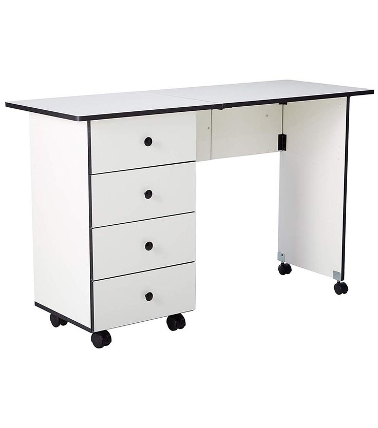 a white desk with four drawers and black handles on wheels, against a white background