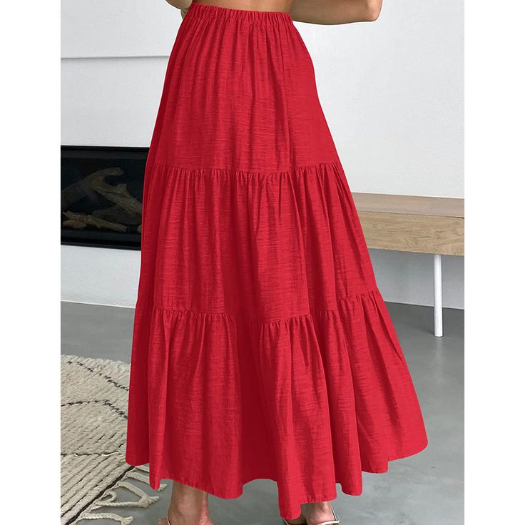 Red Cotton Blend Swing Maxi Skirt with Pockets Red Casual Midi Skirt, Casual Red Midi Skirt, Red Long Skirt For Vacation, Casual Red Long Skirt, Red Flared Maxi Skirt For Beach, Red Flared Maxi Skirt For The Beach, Red Tiered Maxi Skirt For Vacation, Relaxed Red Maxi Skirt For Beach, Red Tiered Maxi Skirt For Beach